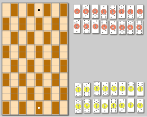 logic game with tiles or tokens of dominoes on playing chess board